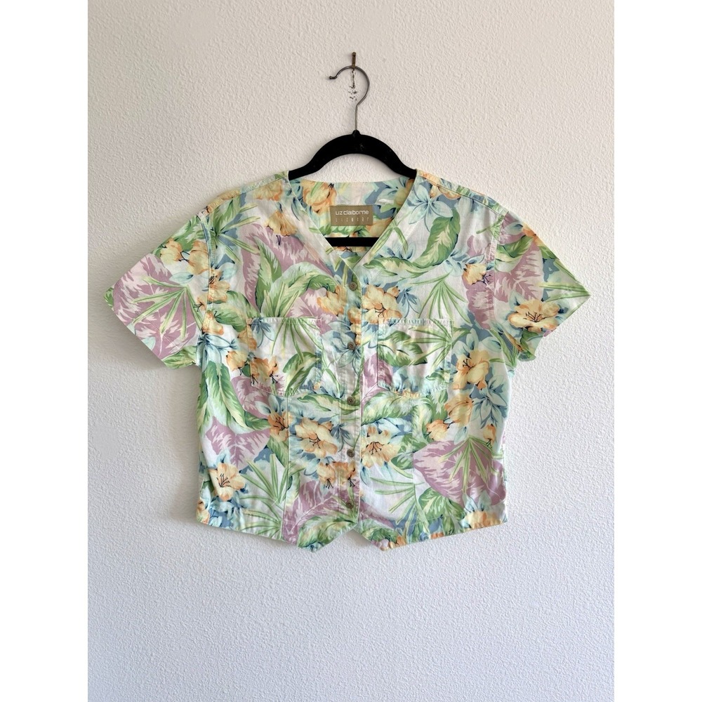 Liz Claiborne 90s VTG Floral Button Up Top Sz M Cotton Hawaiian Tropical Beachy